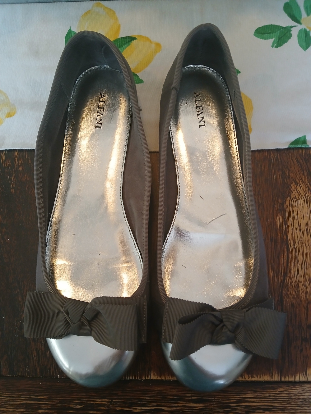 Alfani Gray Silver Ballet Flats with Silver Cap Toe and Bow